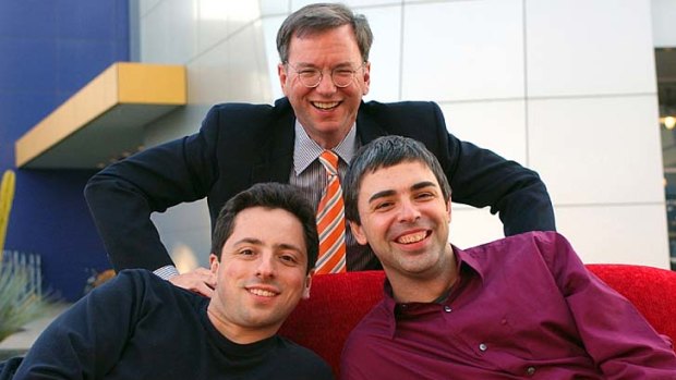 The Google triumverate ...  Google CEO Eric Schmidt, top, and co-founders Sergey Brin, left, and Larry Page pictured in 2004.