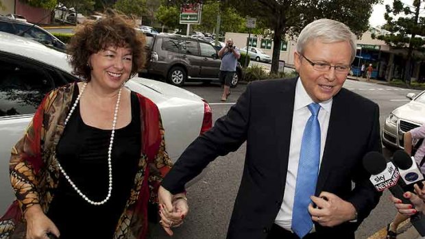 Therse Rein and Kevin Rudd enter their local Church in the Brisbane suburb of Bulimba on February 26, 2012.