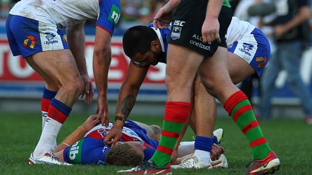 Out for the count &#8230; Newcastle's Kyle O'Donnell was knocked unconscious by a Sam Burgess hit.