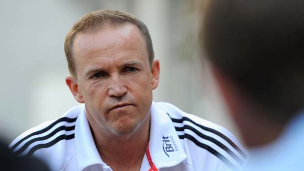 Andy Flower speaks to the media in Abu Dhabi.