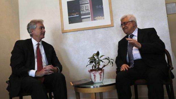 Last-minute plea ... Palestinian President Mahmoud Abbas, right, meets with US Deputy Secretary of State William Burns