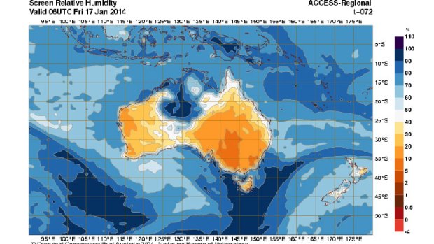Friday 5pm AEDT: Very low humidity expected over Australia's south-east. Source: BoM
