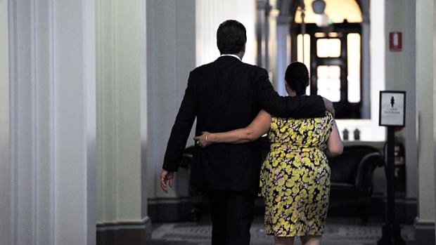 Ted Baillieu with a staff member on Wednesday night.