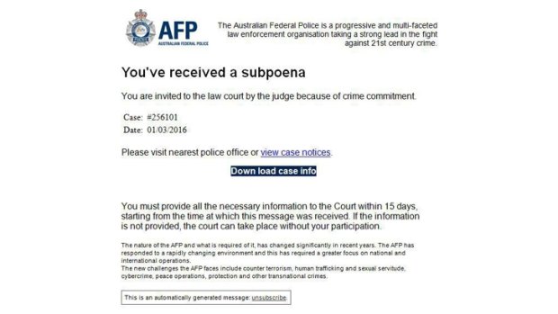 A screenshot of the fake email. The Australian Federal Police do not issue subpoenas via email.