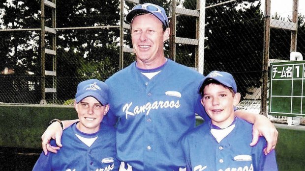 Team spirit … Mark Ellis with his son Mitchell, at left, and Lewis Thorpe in Japan in 2007.