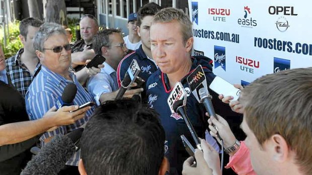 Roosters coach Trent Robinson, addresses the media.