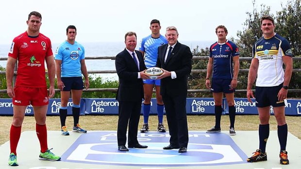 Simply super: ARU boss Bill Pulver (third from left) and Jordan Hawke from sponsor Asteron Life at the rugby season launch.