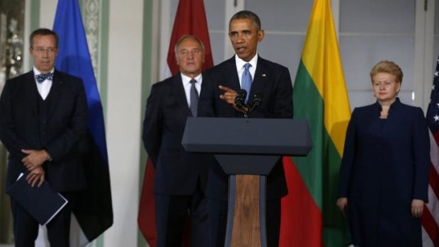 United front in Estonia ... President Obama - joined by the leaders of Baltic States, from left, Estonia President Toomas Hendrik Ilves, Latvia President Andris Berzins and Lithuanian President Dalia Grybauskaite - said 'the door to NATO membership will remain open'.
