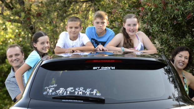 Monica Liebenow and husband Phil Barham, pictured with their children (left to right) Amber, Sam, Jack and Erin, are the creators of the 'My Family' bumper stickers, which are now being exported overseas.