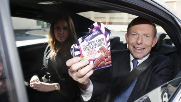 Then opposition leader Tony Abbott during a visit to the Cadbury factory during the 2013 election campaign.