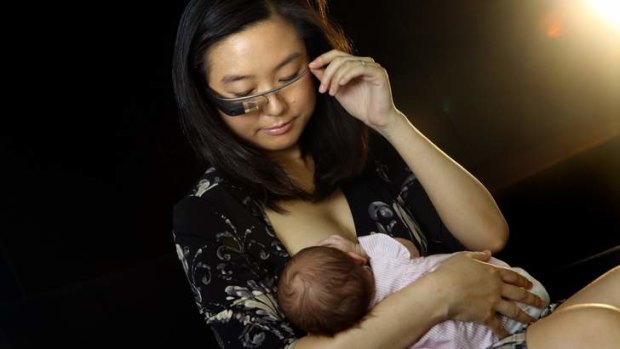 Sheila Chan using Google glass to aid her breastfeeding through Google Hangout to connect with a lactation consultant.