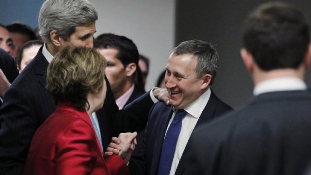 US Secretary of State John Kerry and European Union High Representative Catherine Ashton with Ukrainian Foreign Minister Andriy Deshchytsia after the meeting in Geneva. 