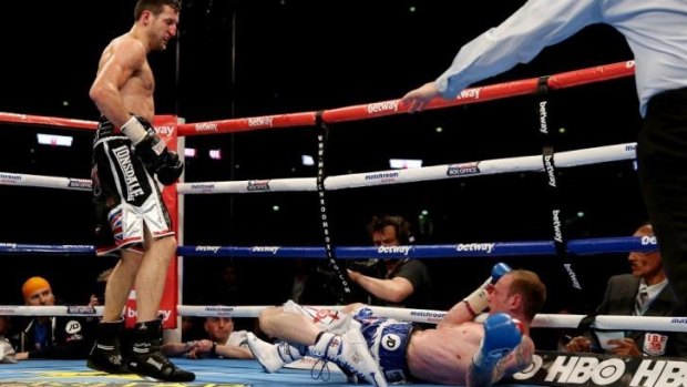 George Groves is kncoked down by Carl Froch.