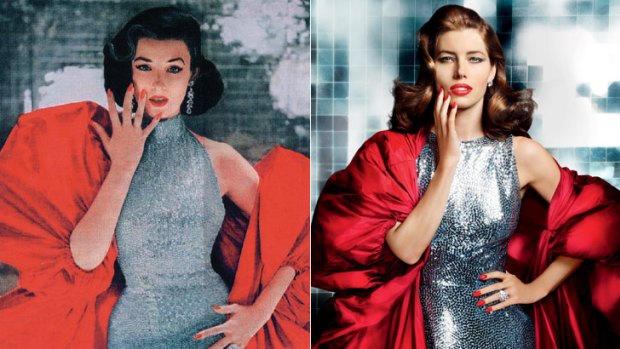 Dame, set and match ... Revlon's lips and tips in 1952, featuring Dorian Leigh, and now with Jessica Biel.