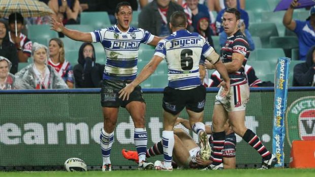 Bulldogs centre Chase Stanley celebrates his team's only try of the match.