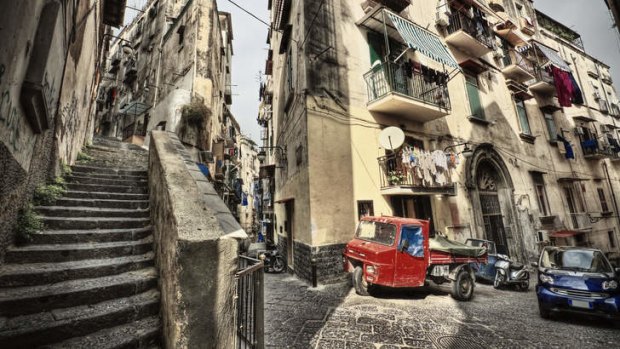 The narrow, cobbled streets of Naples, Italy.
