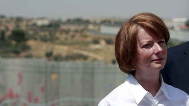Support ... Julia Gillard at the Israeli West Bank barrier last year.