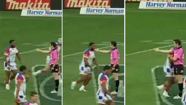 Wrong guy ... from left, Josh Ailaomai is penalised for offside, jogs towards referee Jon Stone and appears to drop the shoulder.