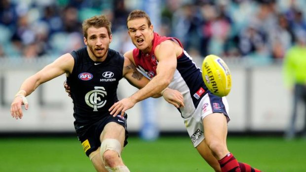 Carlton's Zach Tuohy (left) battles with Melbourne's Brad Green during the teams' round 9 clash this year.