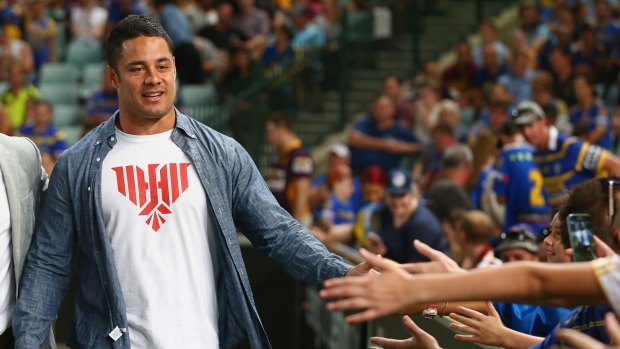 Hayne greets fans at Pirtek Stadium before the round one match in March between the Eels and Broncos.