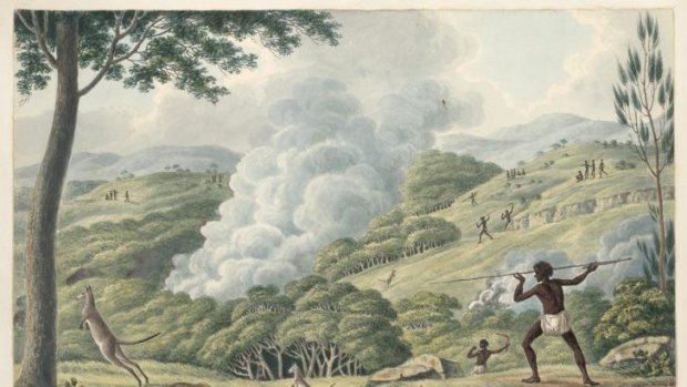 Historical perspective: Aborigines using fire to hunt kangaroos (c. 1817) by Joseph Lycett.