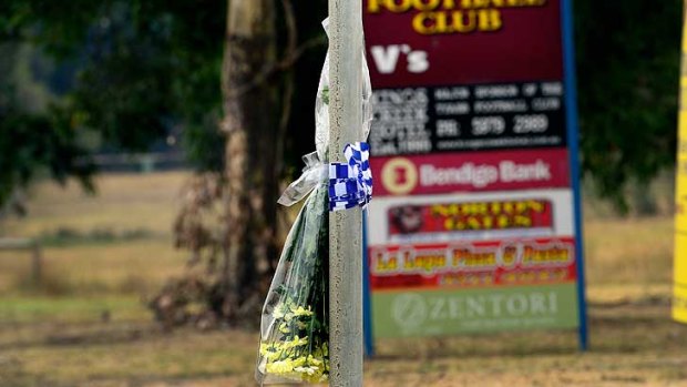 Flowers left as a tribute to Luke Batty at the Tyabb cricket ground.