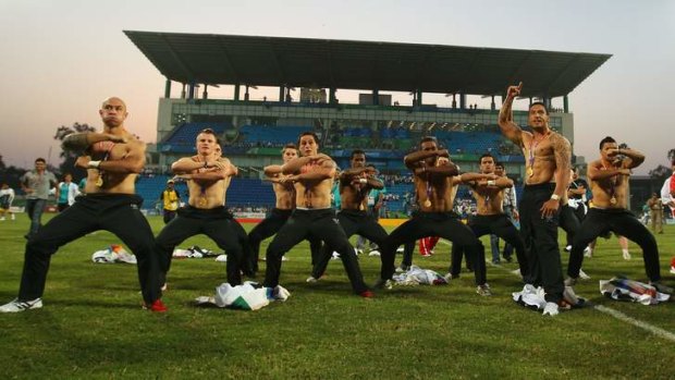 New Zealand's gold medal winning seven's team performing the haka at the Delhi Commonwealth Games.
