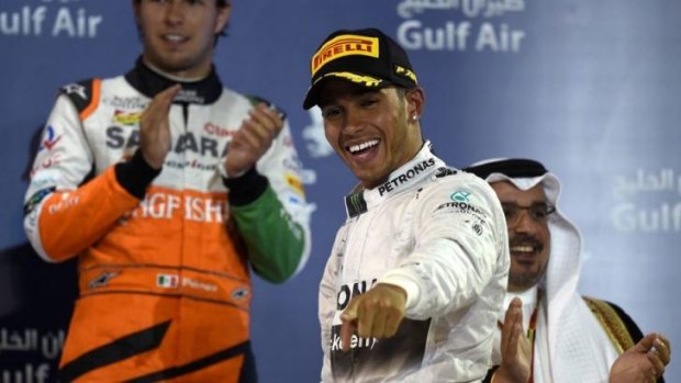 Second win in a row: Lewis Hamilton celebrates victory in the Bahrain Grand Prix.