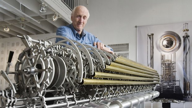 Stewart Brand with a prototype chime generator for the 10,000 Year Clock.