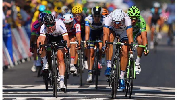 Marcel Kittel (right) of Germany and team Argos-Shimano beat Mark Cavendish of Great Britain and Omega Pharma-Quickstep to the finish line.