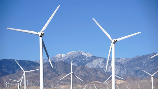 The wind turbine park in front of the the San Jacinto Peak near Palm Springs. 