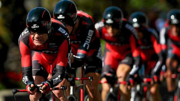 Cadel Evans leads BMC Racing during the team time trial.