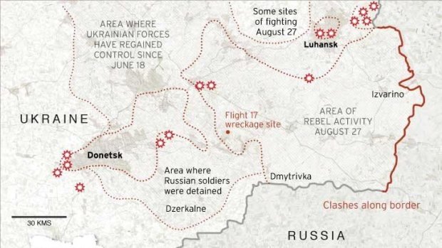 A map of some of the battle zones where Ukrainian troops are facing Russian and separatist forces.