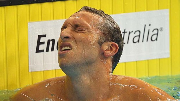 The long goodbye &#8230; Ian Thorpe shows his anguish after failing to qualify in the 200m freestyle last night.