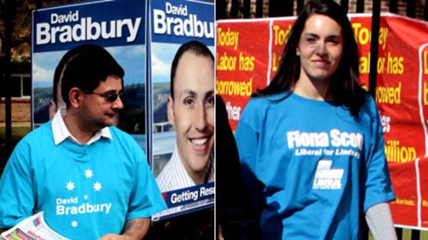 Bug blue ... A Labor campaign worker (left) and Louise Abbott in Lindsay today
