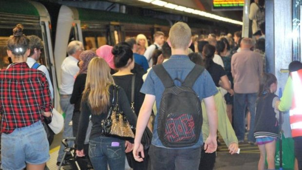 Passengers pack the Perth Underground on free public transport day.