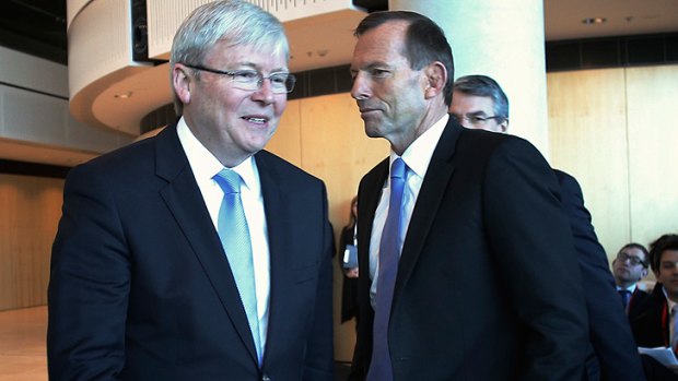 Not looking: Kevin Rudd and Tony Abbott avoid eye contact at the opening last month of the ASIO headquarters in Canberra. <i>Photo:</i> Andrew Meares
