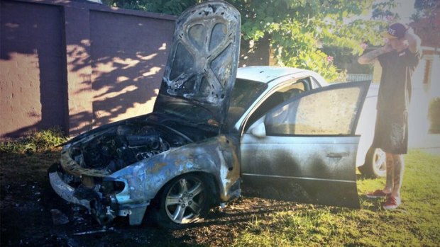 One of six cars set alight across Perth. Driver Riley, 20, only bought it last week.