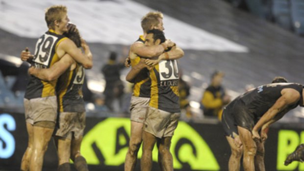 The drought-breaker .... Richmond players were delighted after final siren sounded.