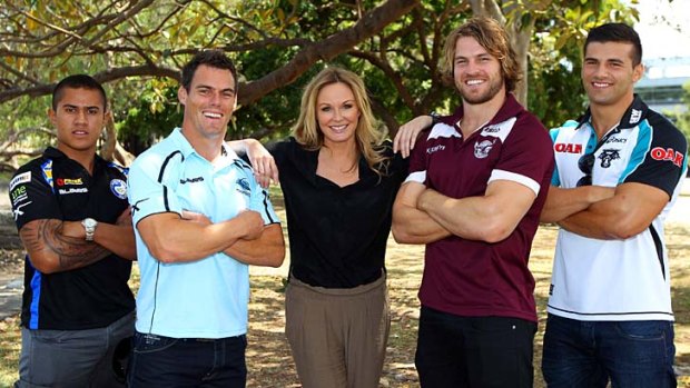 Giving trolls the punt ... Charlotte Dawson with, from left, Parramatta's Kaysa Pritchard, Cronulla's John Morris, Manly's David Williams and Penrith's Josh Mansour.
