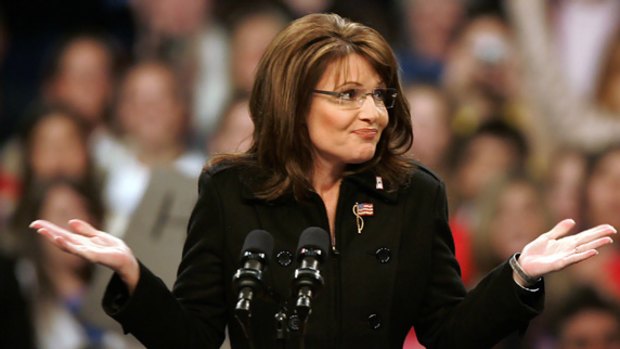 Republican vice-presidential candidate Sarah Palin shrugs during a campaign stop in Pennsylvania.