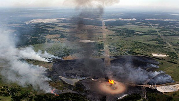 This aerial photo shows the wide area of land affected by the natural gas line explosion in Cleburn.