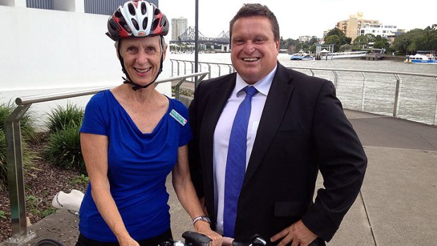 Labor councillor Helen Abrahams and lord mayoral candidate Ray Smith visit East Brisbane to announce their bikeways policy.