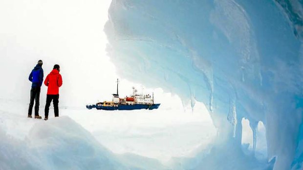 The Akademik Shokalskiy sits trapped in Antarctic sea ice. Photo: Andrew Peacock/footloosefotography.com