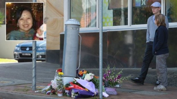 Flowers for Mijin Shin (inset), who died after being hit by a bus at an intersection in Beecroft.