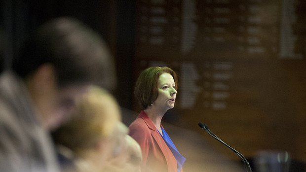 Prime Minister Julia Gillard speaks at a public forum in Ipswich, Queensland, on July 10, 2012.