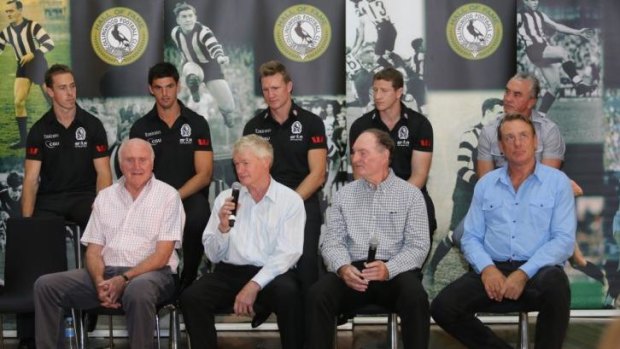 Collingwood captains, clockwise from back: Nick Maxwell, Scott Pendlebury, Nathan Buckley, Scott Burns, Tony Shaw, Peter Moore, Max Richardson, Des Tuddenham, Terry Waters.