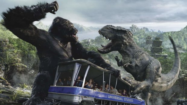 Flights of fantasy: King Kong and a resident dino scrap over the queue for the tour tram.