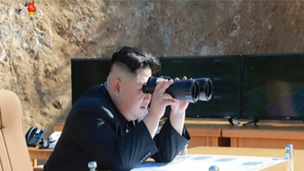 North Korea's KRT  shows what was said to be North Korean leader Kim Jong-un watching the launch of a Hwasong-14 intercontinental ballistic missile.