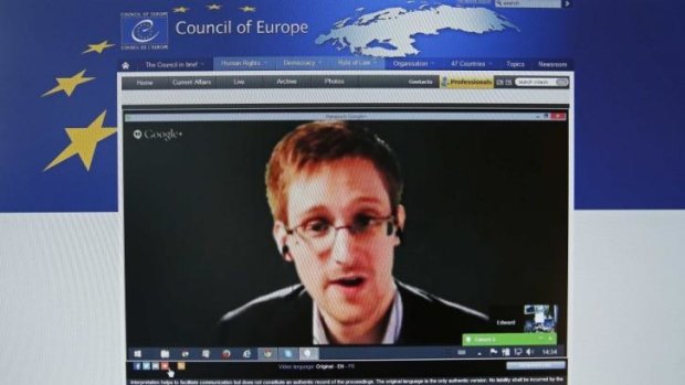 Edward Snowden speaks via video with members of the Council of Europe last month.